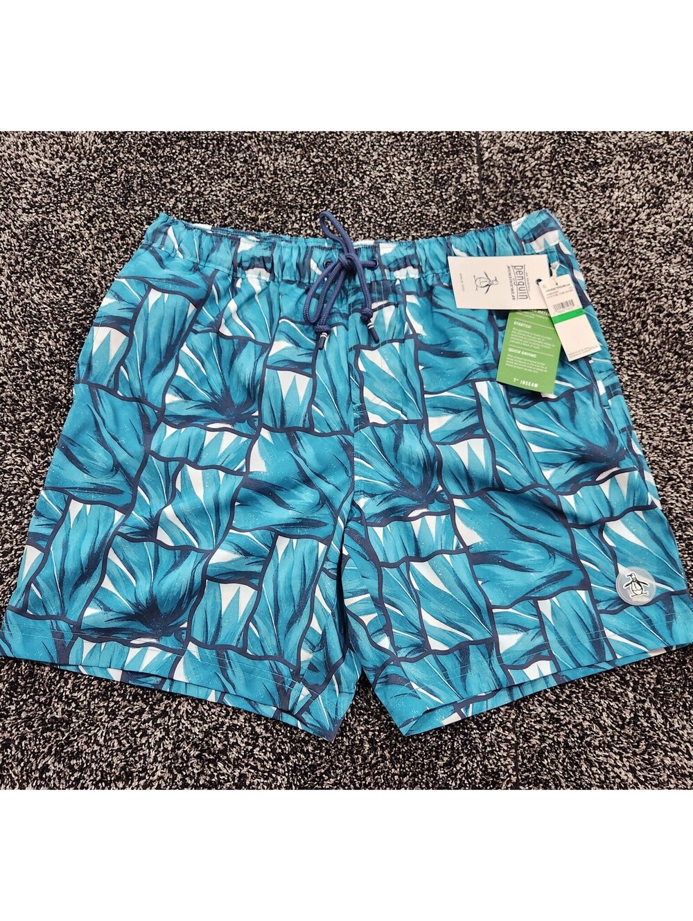 Original Penguin Mens 7" Volley Swim Trunks NWT Sz Large Agave Tiles Blue Shorts